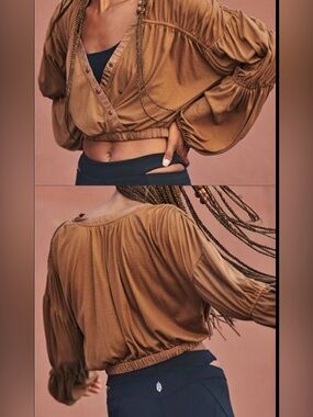 Free People Cropped Balloon-Sleeve Top in Camel Brown
